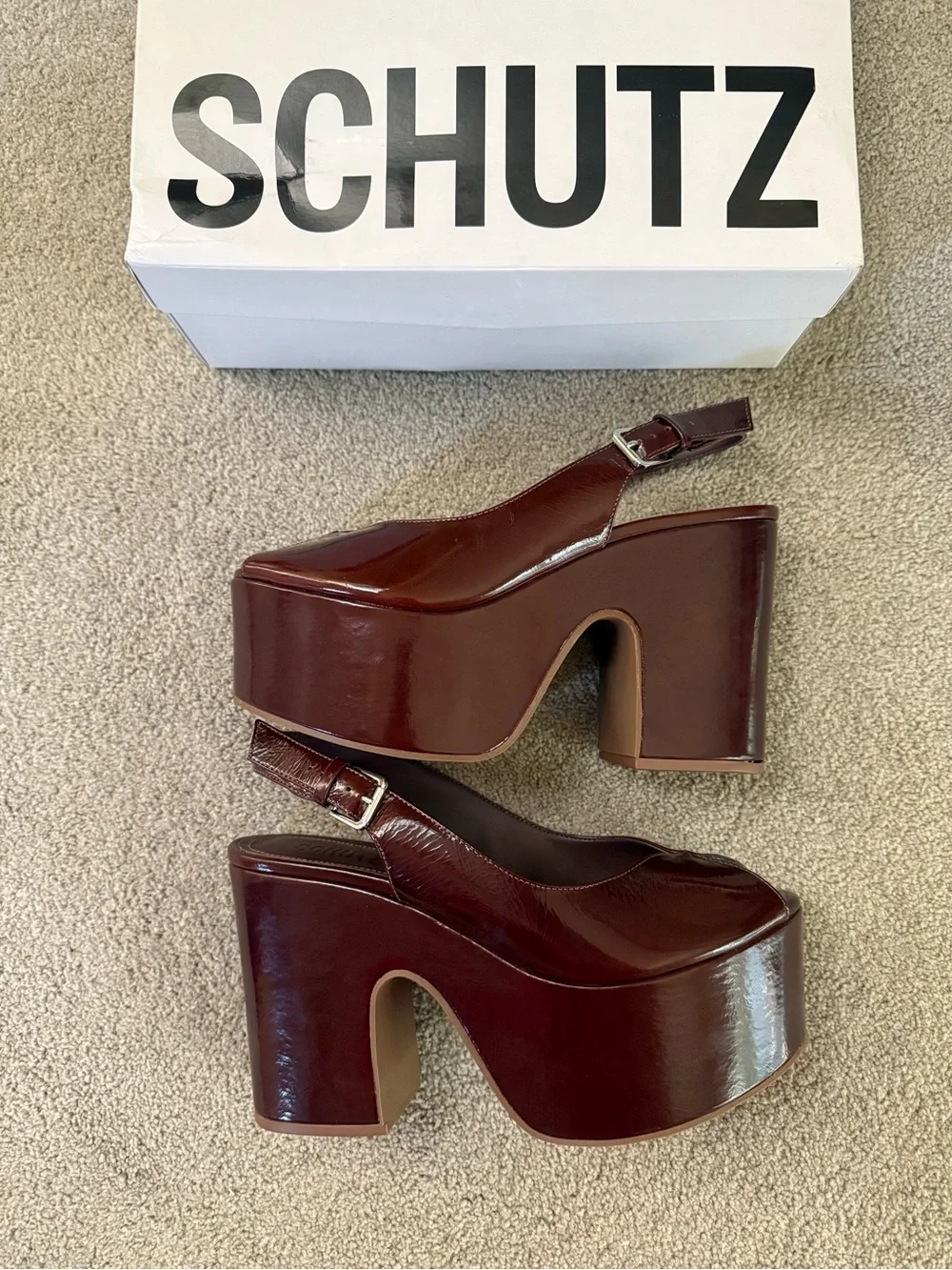 SCHUTZ Brandi Leather Platform Slingback Heels in Root Beer Brown
